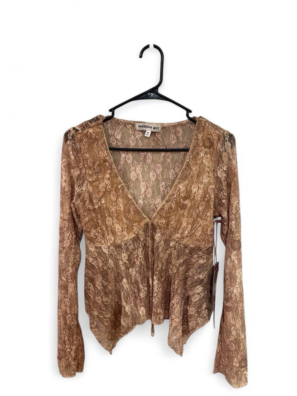 Madden Girl Taupe Sheer Lace Long-Sleeve V-Neck Top